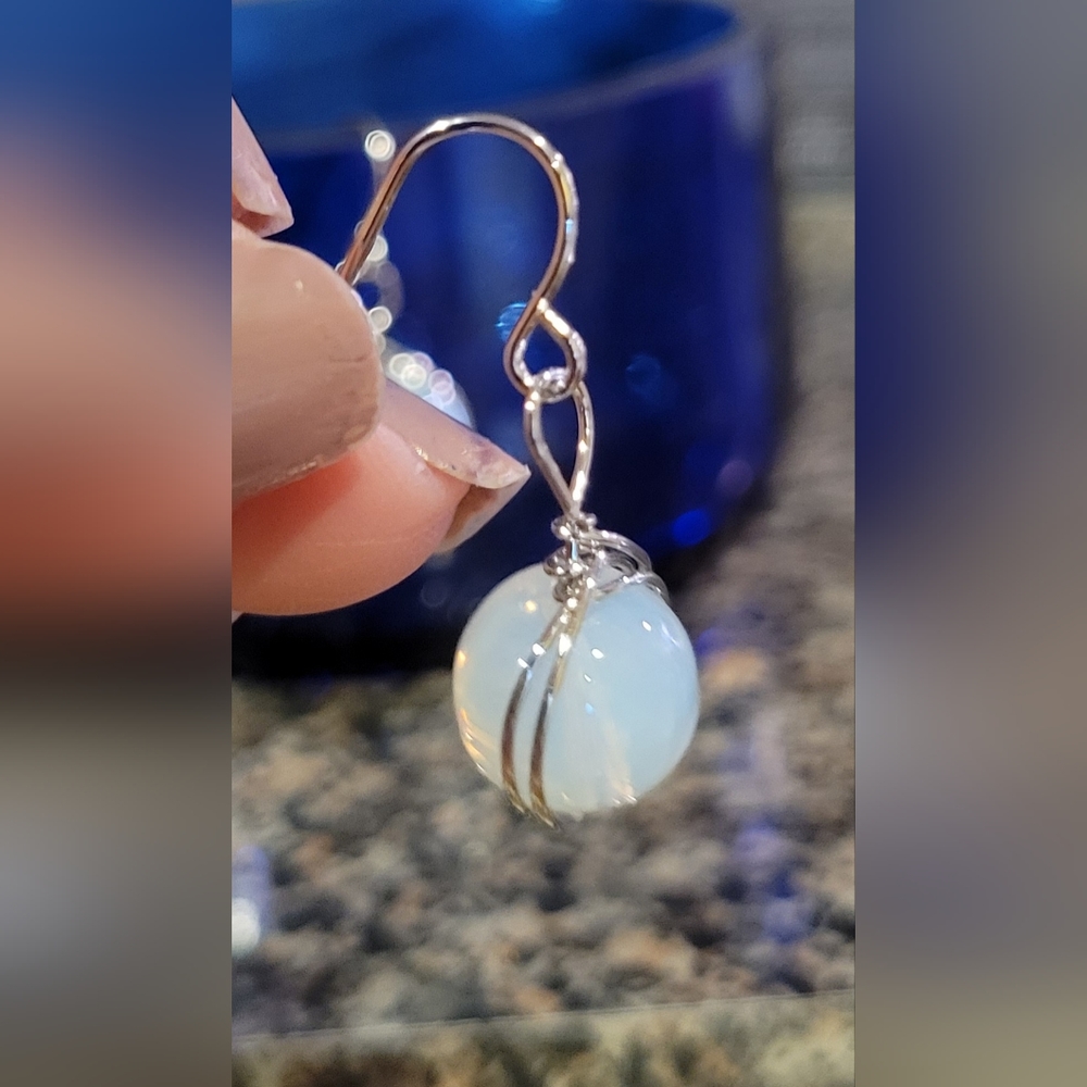 Vintage Silver Hook White Opal drop earrings NEW